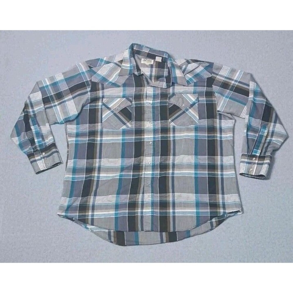 ELY Cattleman Pearl Snap Long Sleeve Shirt Mens 17 1/2 X 34 Blue Plaid Western
